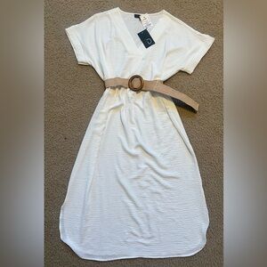 Fred David V Neck Dress With Belt, Cap Sleeves, Color: White, Size L, NWT